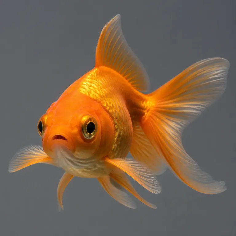 Golden-orange goldfish facing the camera with translucent glowing fins against a muted gray underwater background