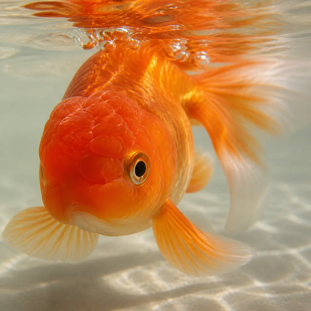 Adult orange goldfish below clear shallow water with backlit translucent fins and sharp eye focus