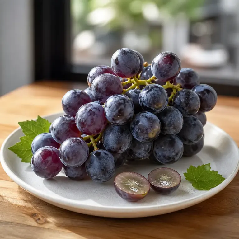 Fresh purple grape bunch with powdery bloom on a pale plate beside a softly blurred cafe window