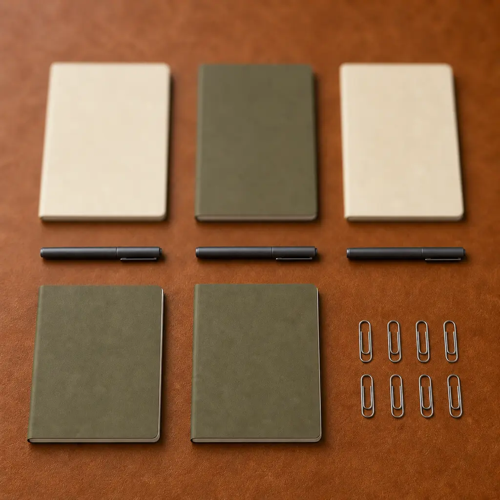 Grid-aligned cream and olive notebooks, charcoal pens, and silver paper clips on a cognac leather desk mat