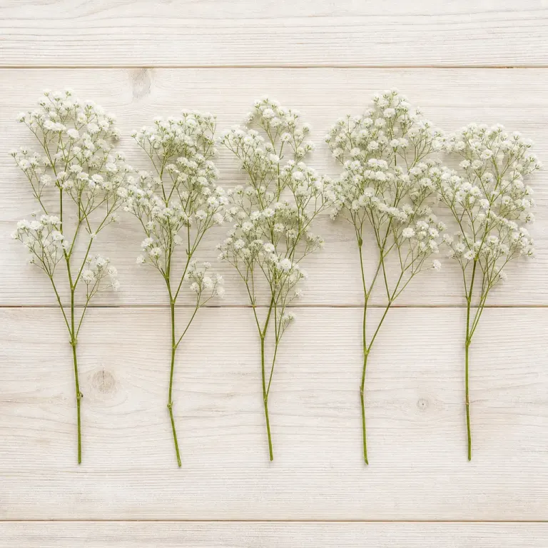 Several white Gypsophila sprigs arranged side by side on bleached wooden boards in an evenly lit top-down flat lay