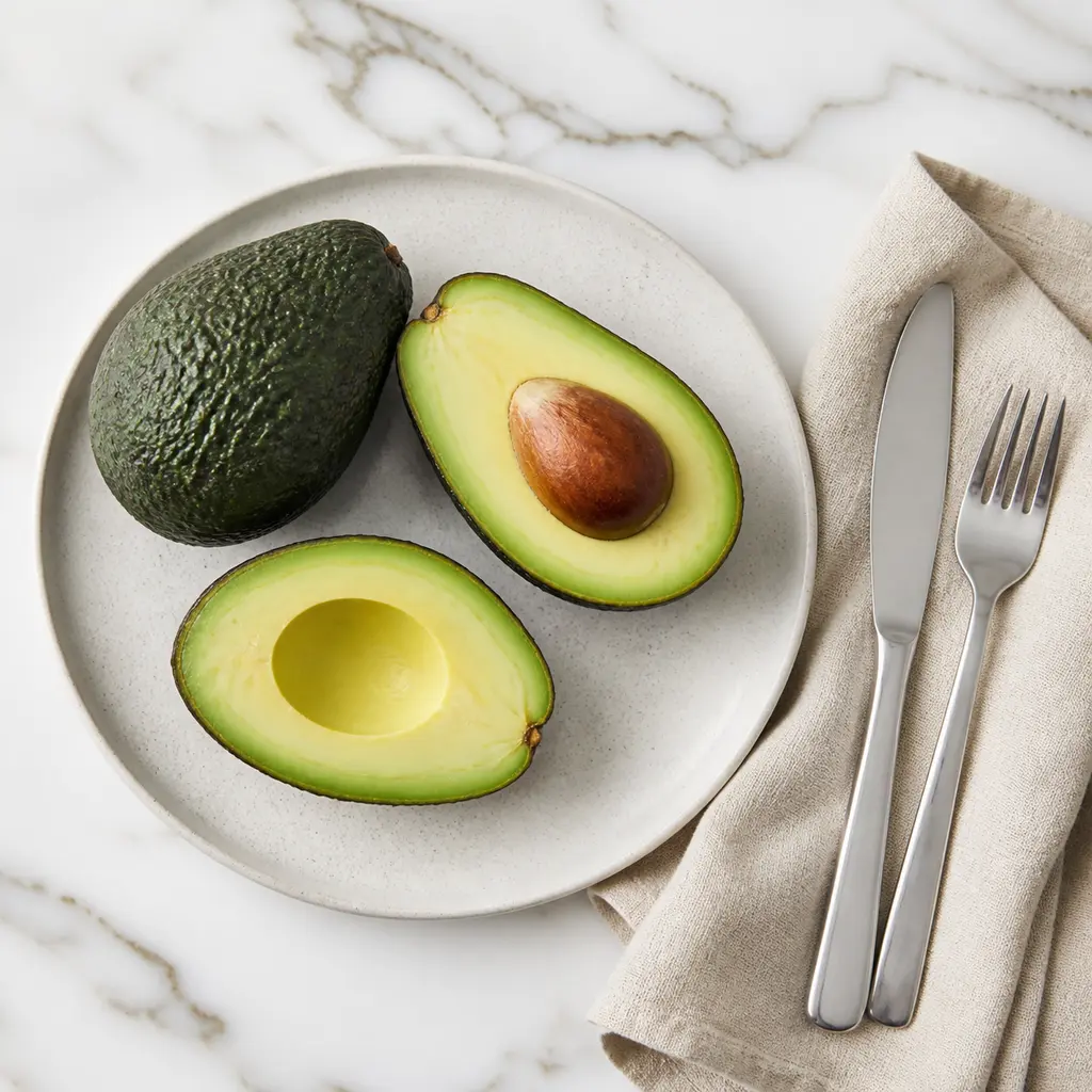Top-down flat lay of a halved avocado with seed on pale stoneware and white marble