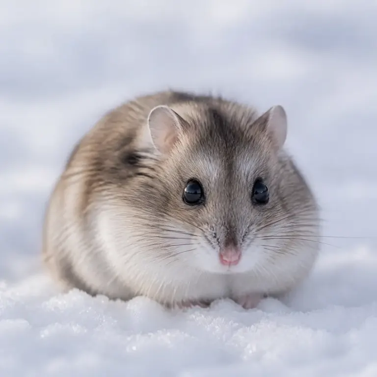 Tiny round hamster resting on snow with side-lit fur and a shallow-focus sharp nose