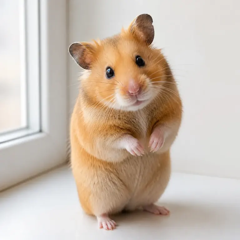 Adult golden hamster standing on a bright windowsill with soft catchlights and a tilted head
