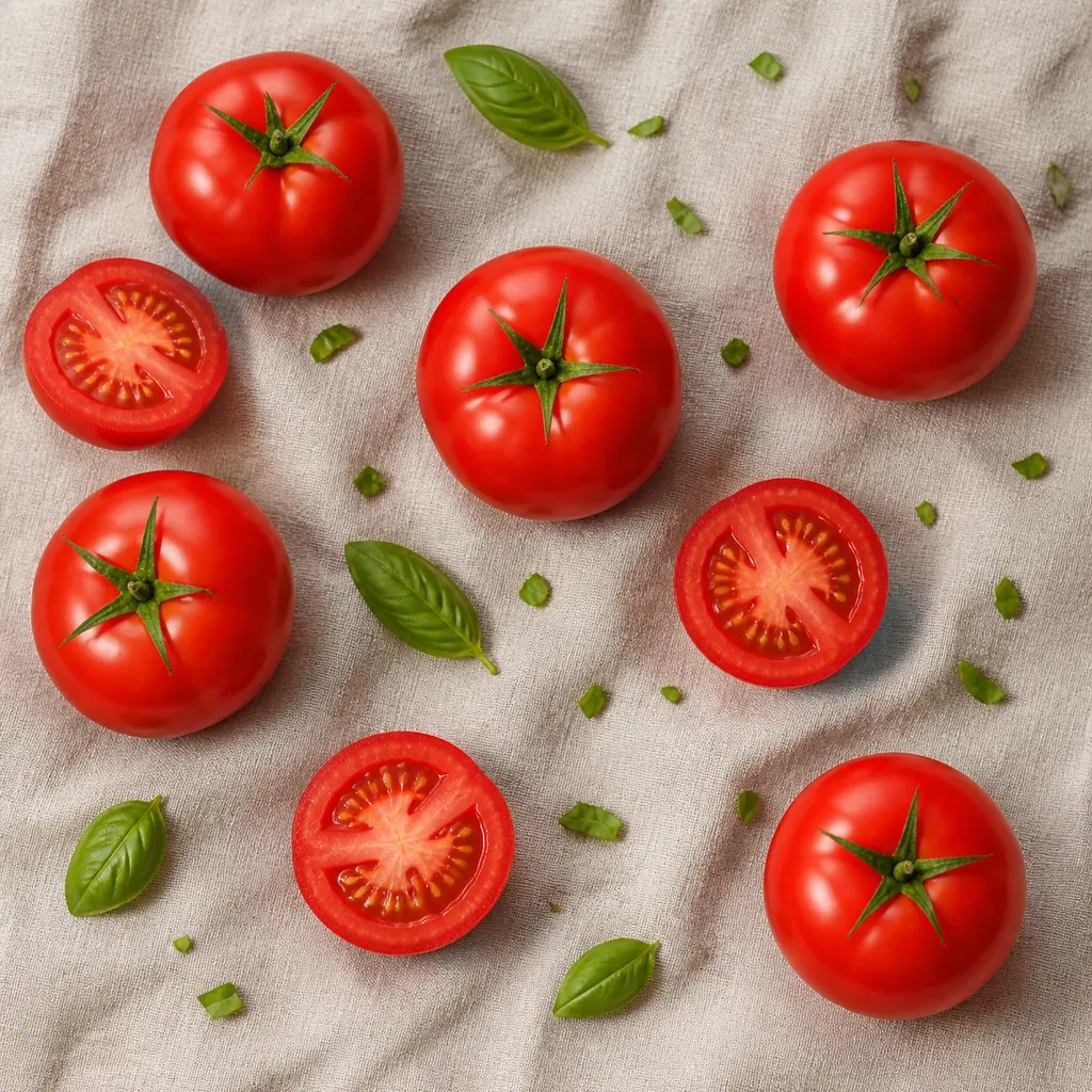Whole and sliced ripe tomatoes with basil arranged on softly wrinkled linen