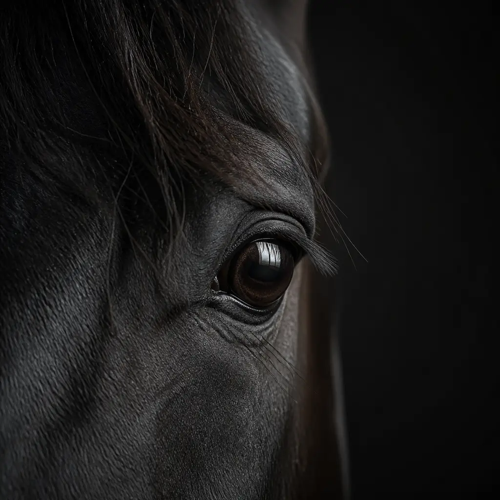Extreme close-up of a dark horse eye with window catchlight, textured coat, and rim separation on charcoal