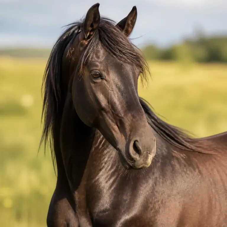 Dark horse tilting its head in soft meadow light with a blurred background