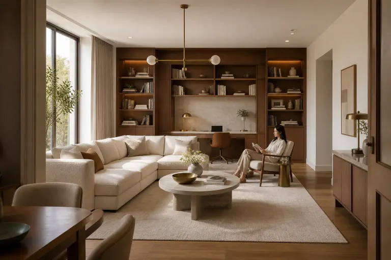 Hotel-inspired apartment home office with cream sectional, walnut shelving, marble table, brass lights, and a woman reading