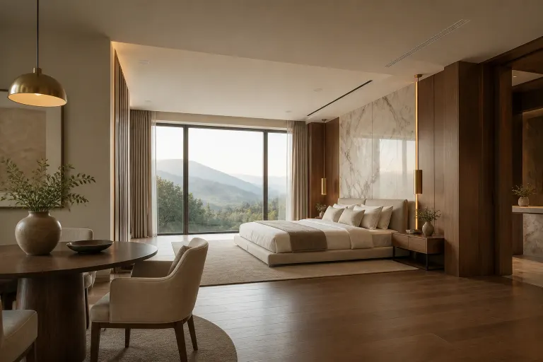 Unoccupied hotel-luxury master bedroom with a marble headboard, walnut panels, and mountain views from floor-to-ceiling glass