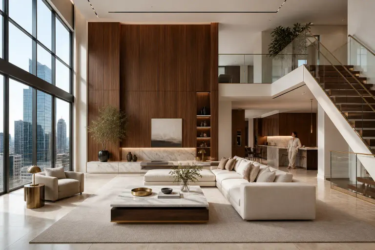 Double-height hotel-luxury living room with walnut wall, marble details, city windows and a woman by the kitchen island
