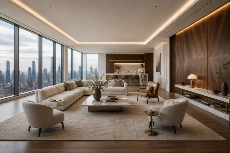 Expansive luxury penthouse living room with corner skyline windows, walnut panels and a woman at the distant kitchen island