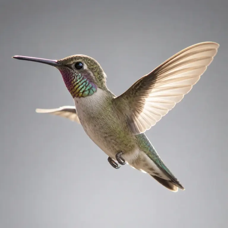Hummingbird hovering against a gray background with backlit wings and an iridescent throat