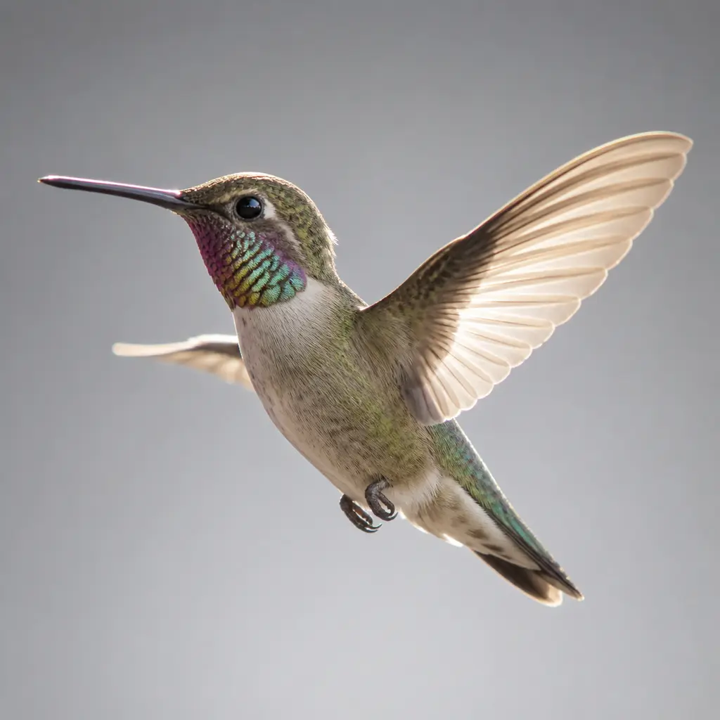 Hummingbird hovering against a gray background with backlit wings and an iridescent throat