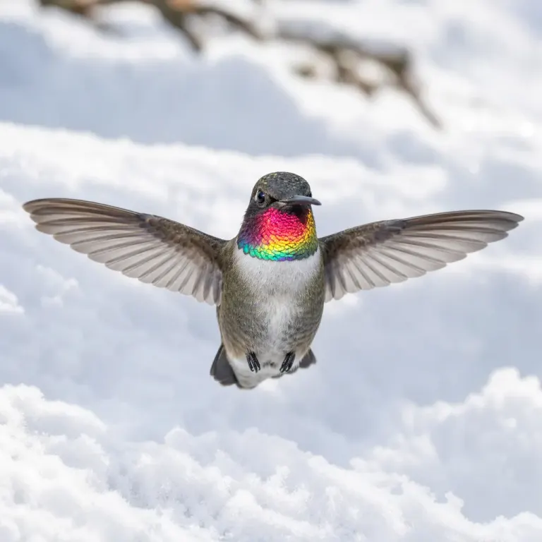 Front-facing hummingbird frozen in hover with an iridescent throat and catchlit eye over textured snow