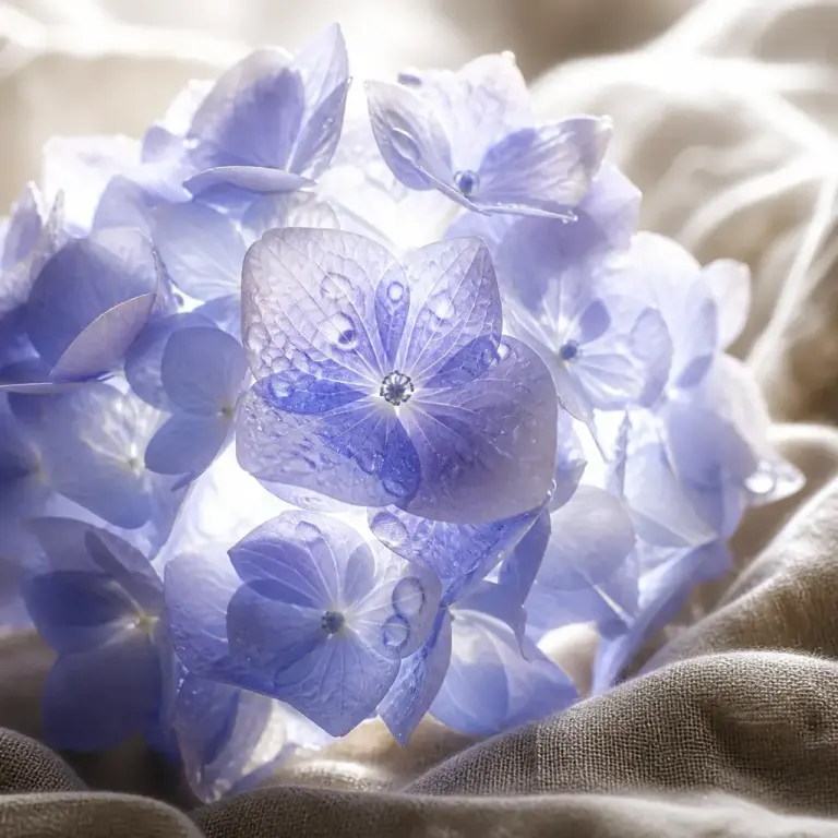Backlit pale blue hydrangea with water droplets on crumpled oatmeal linen and one central stamen in sharp focus