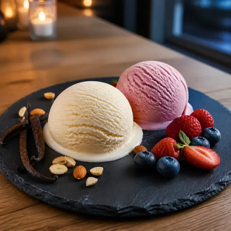 Vanilla and berry ice cream beginning to melt on black slate with berries and vanilla pods at a cozy evening table