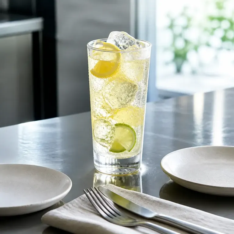 Condensation-covered iced citrus soda with plates and linen on a stainless counter