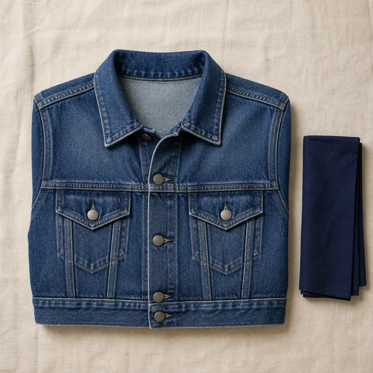 Folded indigo denim jacket and dark indigo bandana on cream linen with visible stitching