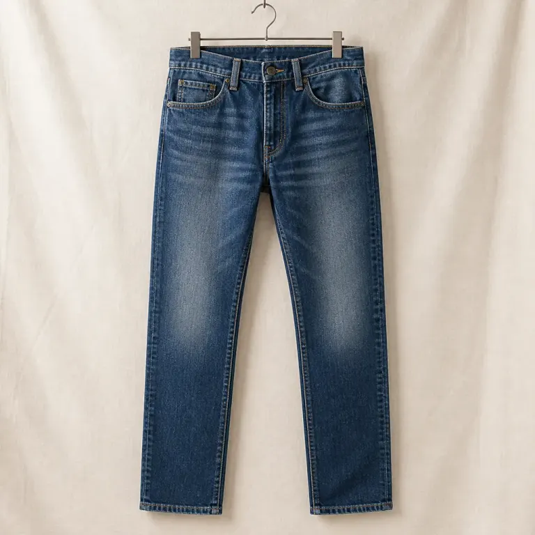 Medium-indigo jeans hanging front-facing against cream linen with visible washing and finished hems