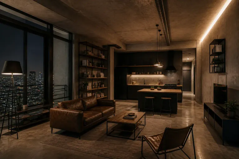 Compact empty industrial loft with exposed concrete, black steel kitchen, brown leather sofa, warm lamps, and city lights at evening
