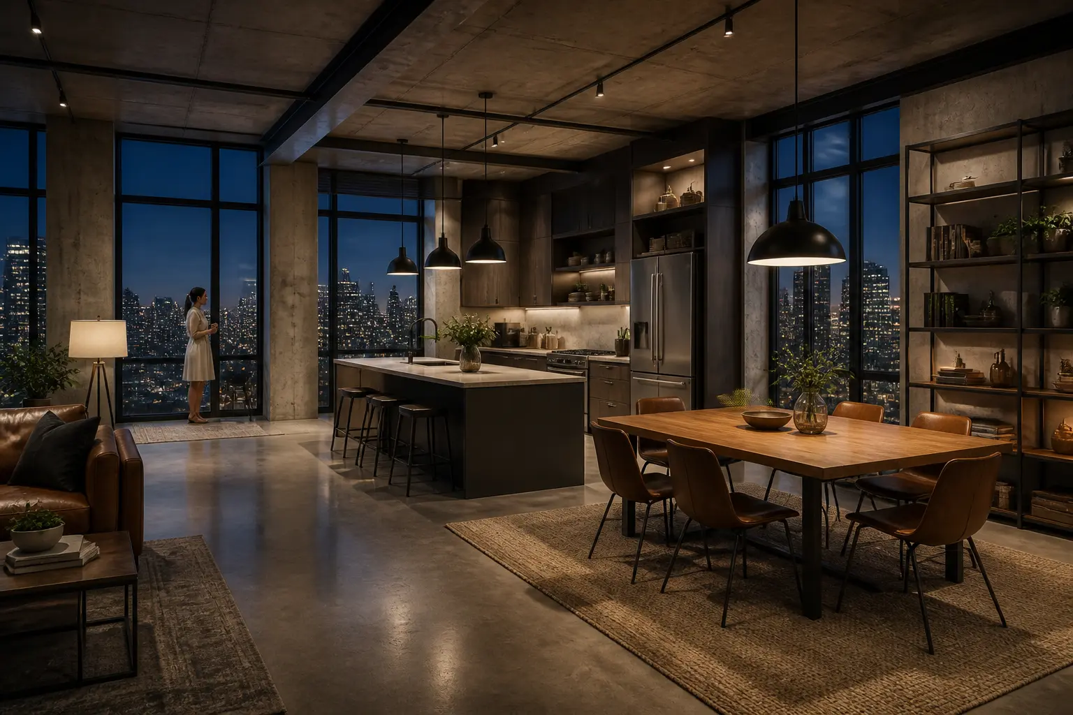 Evening industrial loft kitchen and dining room with city windows and a woman standing near the glass