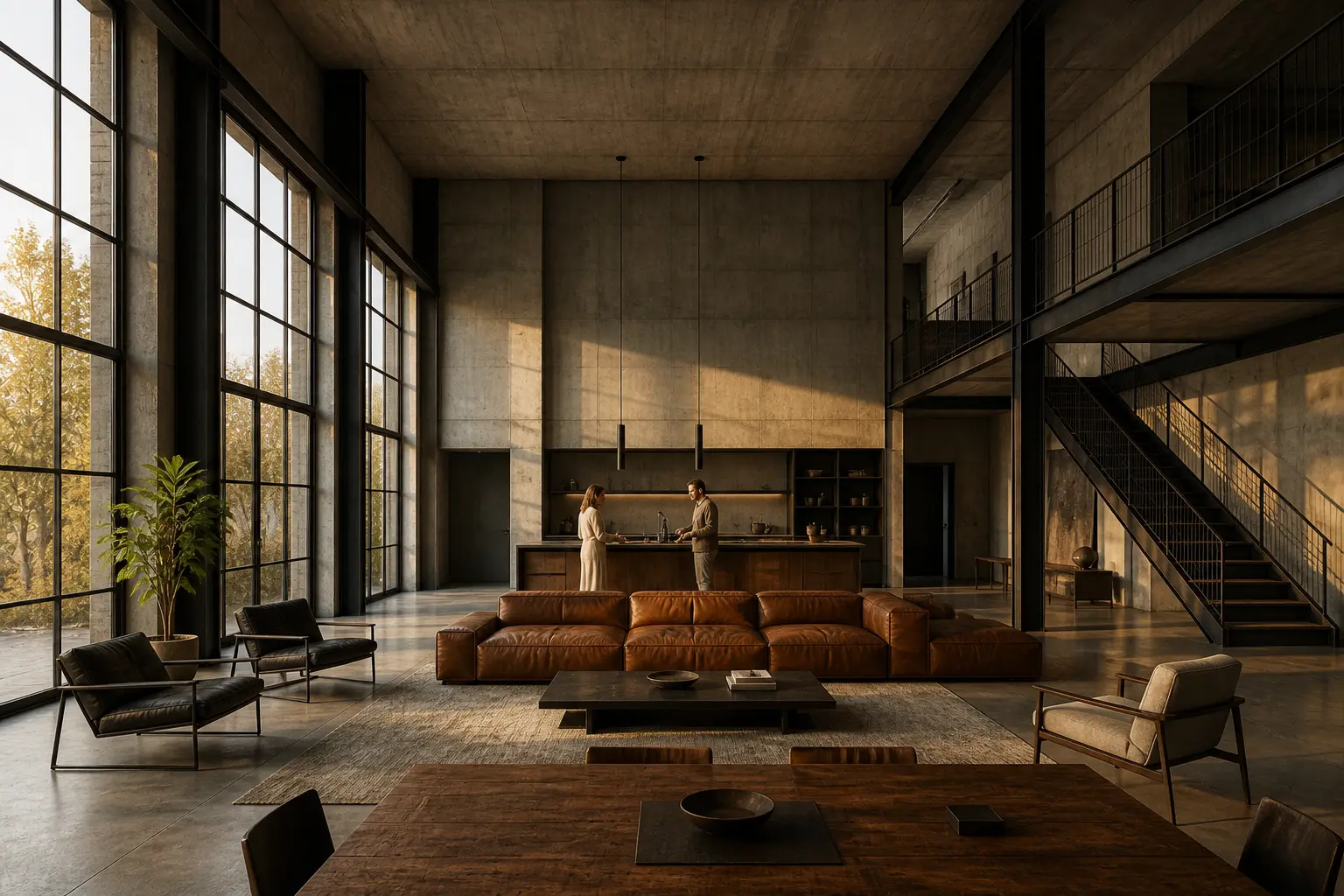 Vast industrial loft with concrete walls, leather sectional, steel mezzanine and a couple preparing coffee in the distant kitchen