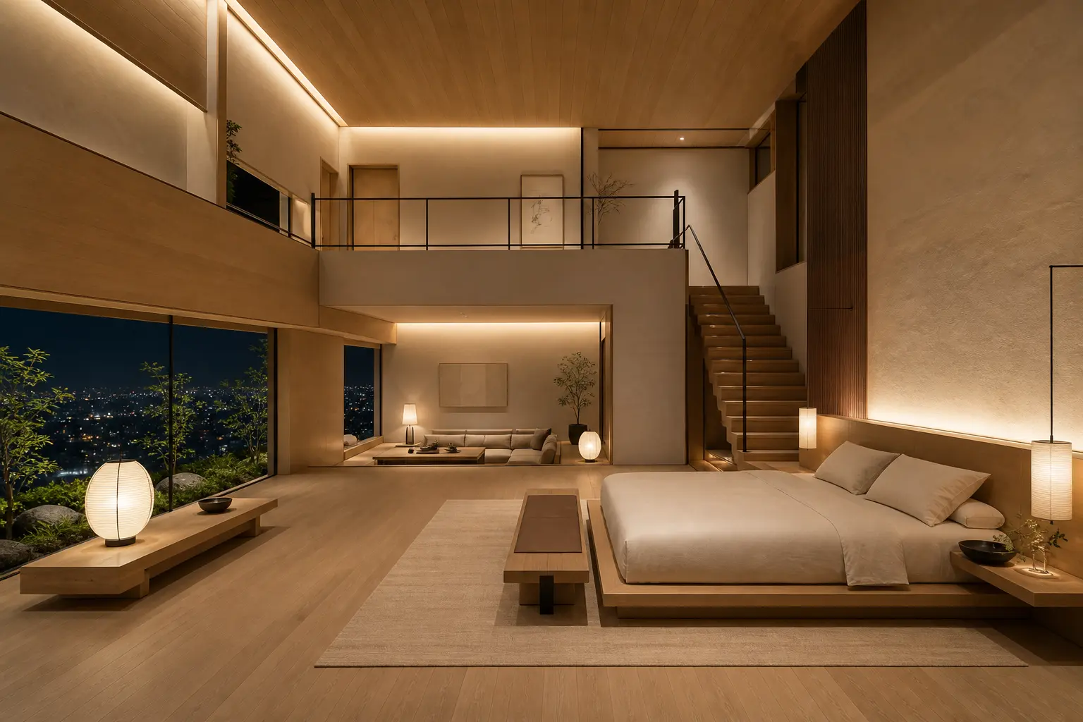 Double-height Japandi bedroom with a low platform bed, upper gallery, staircase and balanced evening city view