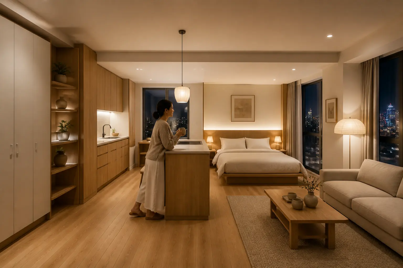 Compact Japandi bedroom suite with warm paper lamps and a woman leaning on the kitchen island