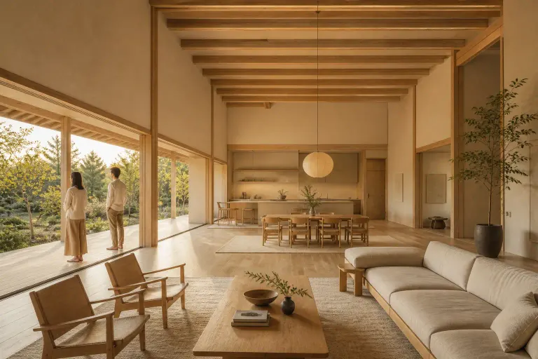 Large golden-hour Japandi open-plan living room facing a garden veranda with two adults standing small by the window