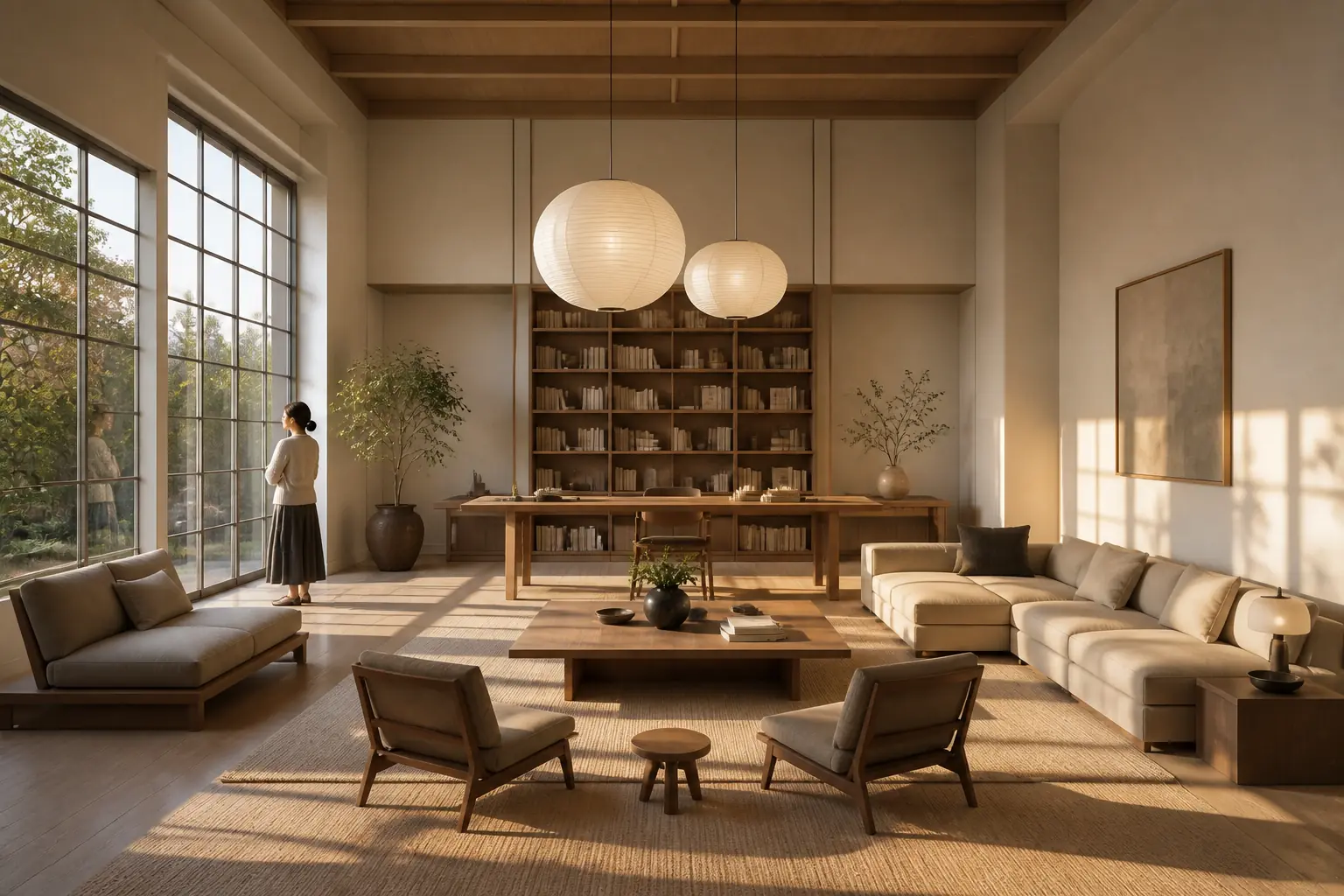 Large symmetrical Japandi home office with low wood furniture, paper lanterns, modular seating, long window shadows, and a woman looking outside