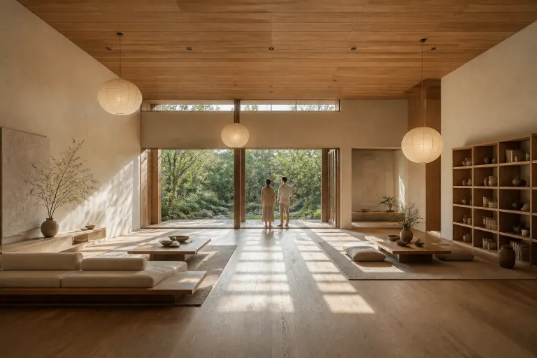 Vast Japandi living room with low timber seating, paper lanterns, garden threshold, and two adults standing at the window
