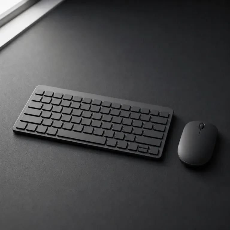Blank-key keyboard and wireless mouse separated by soft window light on a charcoal desk