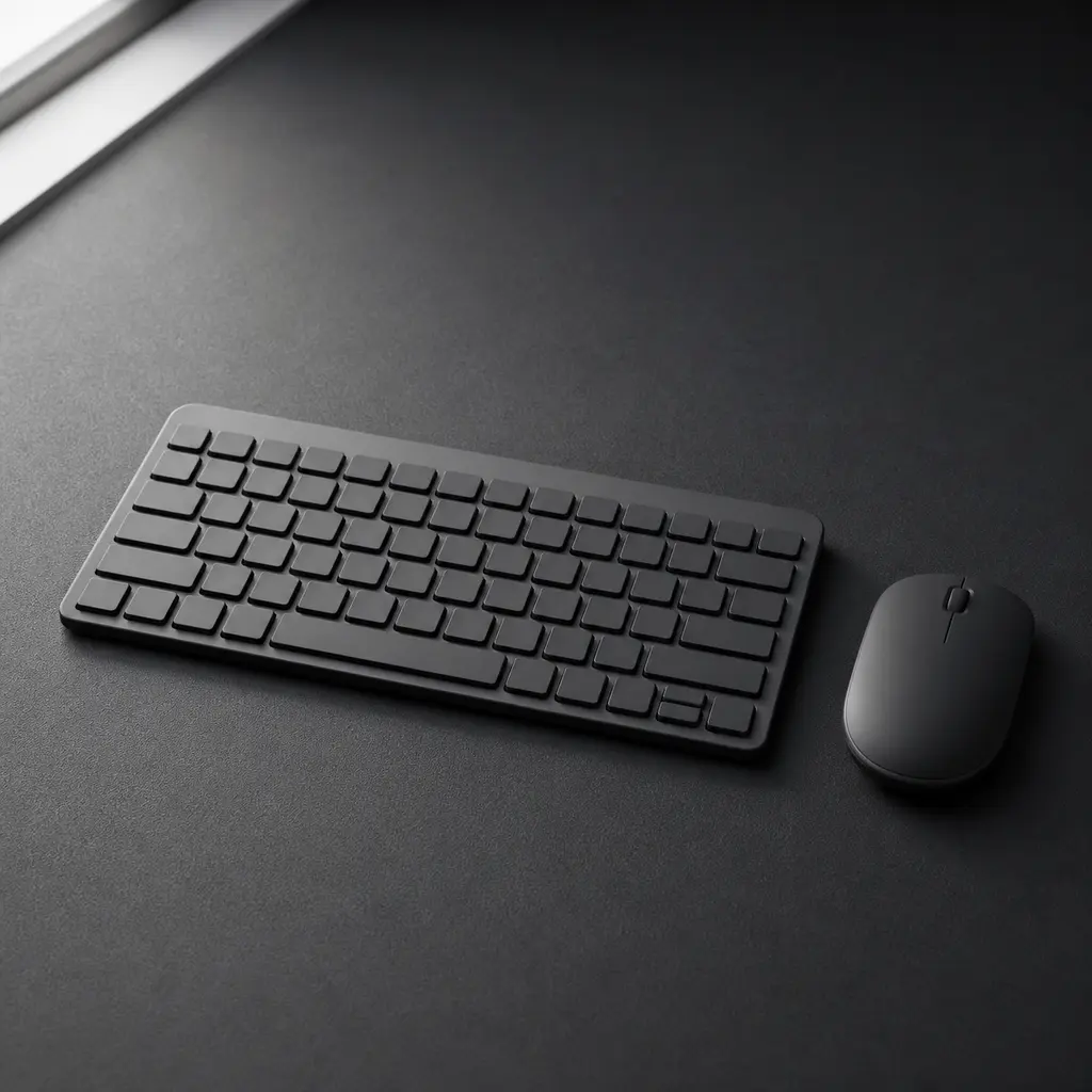 Blank-key keyboard and wireless mouse separated by soft window light on a charcoal desk