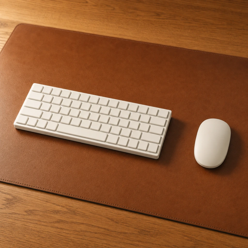 Ivory keyboard and mouse aligned in a spacious grid on a cognac leather desk mat under soft side light