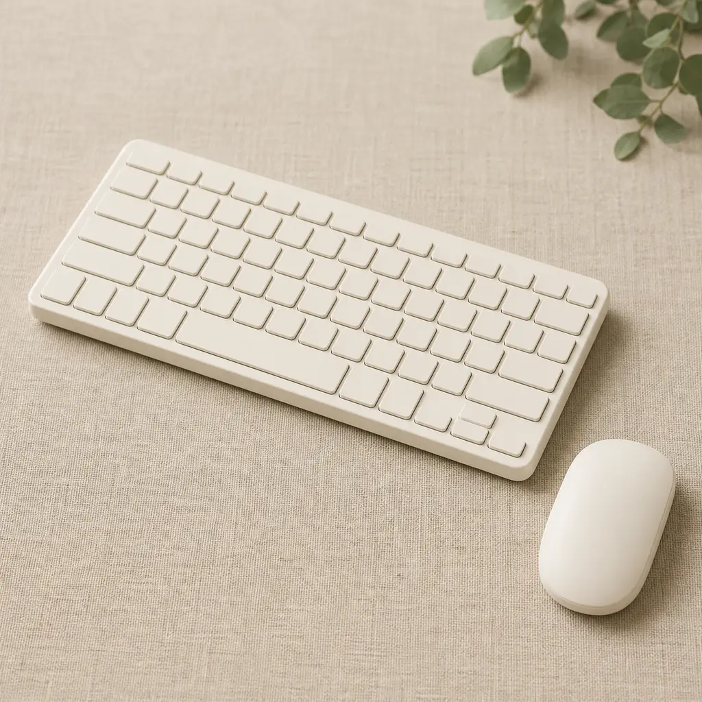 Warm ivory unbranded keyboard and mouse arranged diagonally on an oatmeal linen desk with soft green leaves at the frame edge
