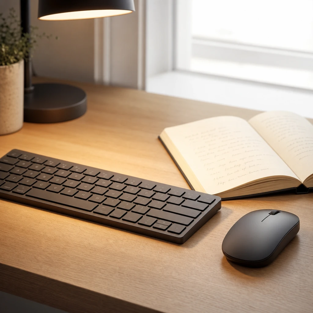 Generic charcoal keyboard and mouse beside an open notebook under a warm desk lamp at a bright window