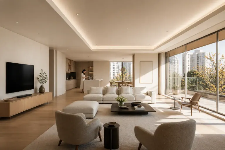Large Korean apartment living room at golden hour with modular seating and a woman making coffee in the kitchen