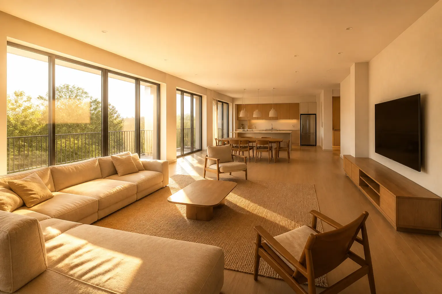 Empty large Korean apartment living room with beige modular sofa, lounge chairs, balcony windows, and an open kitchen at golden hour
