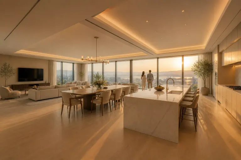 Mansion-scale Korean apartment kitchen and dining room glowing at golden hour with two adults at the window