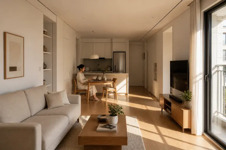 Compact Korean apartment living room opening to a kitchen with late-afternoon window shadows and an adult using a laptop