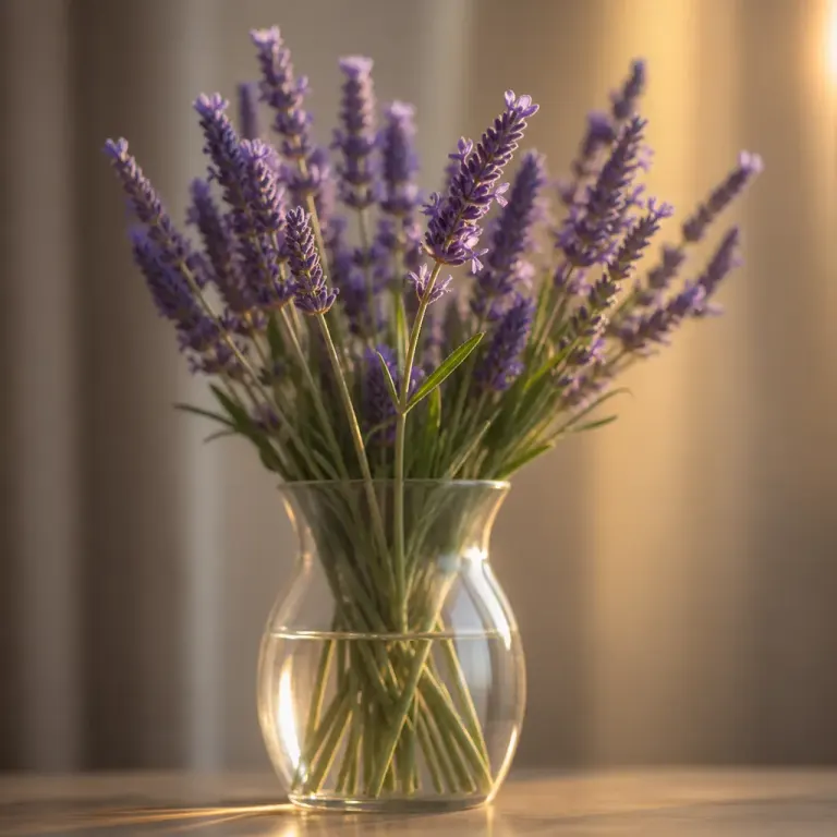 Lavender bundle in a clear glass vase with one stamen sharp in warm golden rim light