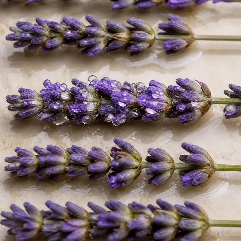 Extreme close-up of parallel lavender sprigs floating in shallow water with droplets under even overhead light