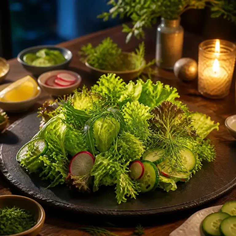 Fresh translucent leafy salad on a black slate plate in a warm evening table setting