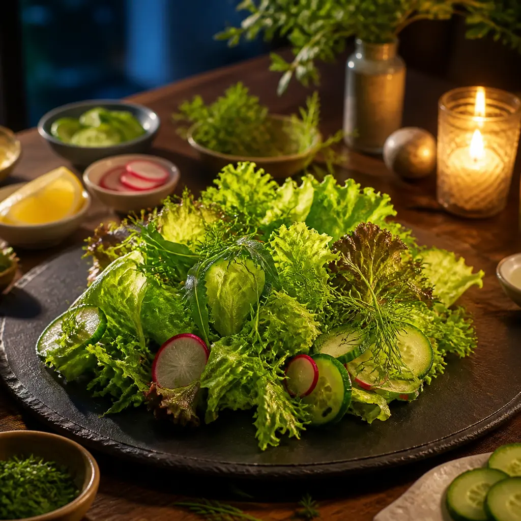 Fresh translucent leafy salad on a black slate plate in a warm evening table setting