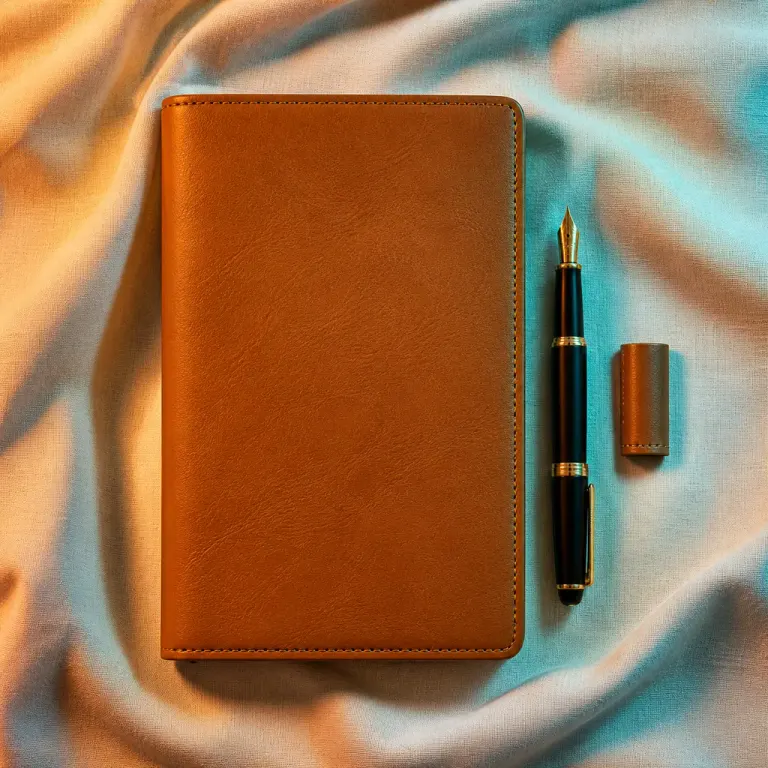 Tan leather notebook and fountain pen on crumpled linen lit by teal and orange gels from above
