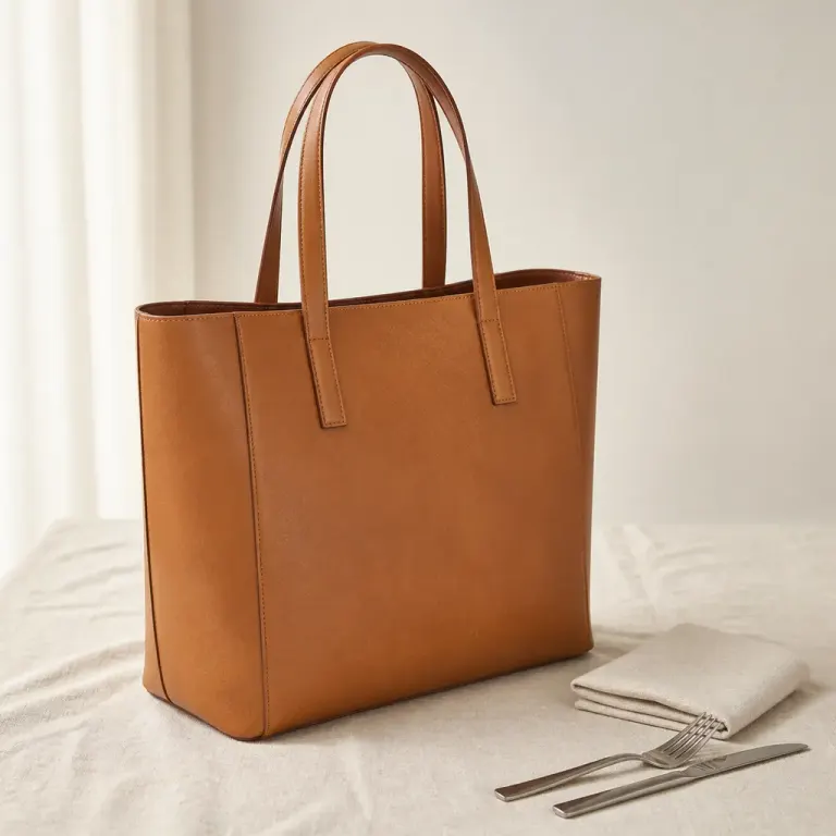 Structured tan leather tote standing on an ivory linen tablecloth with folded napkin and cutlery