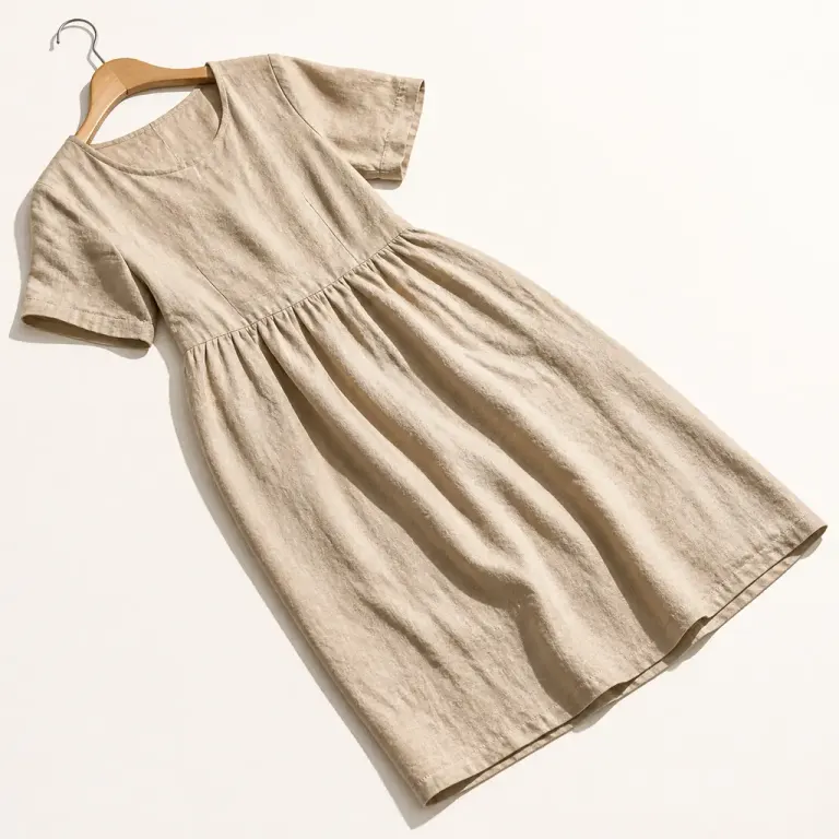 Flax-beige linen midi dress with natural wrinkles arranged diagonally on a bright studio flat lay