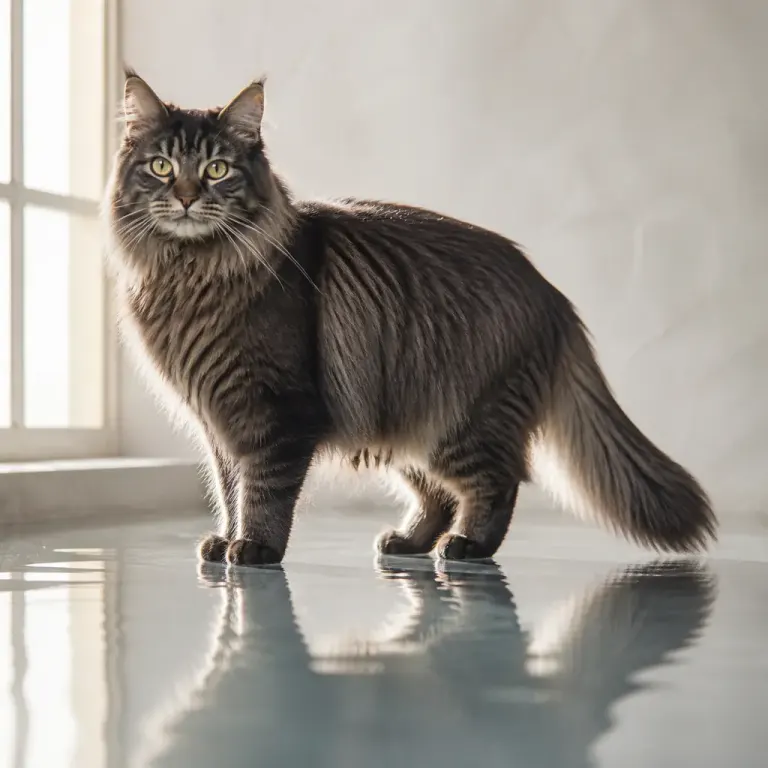 Full-body long-haired cat standing by shallow reflective water in side window light