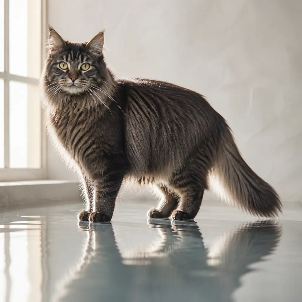 Full-body long-haired cat standing by shallow reflective water in side window light