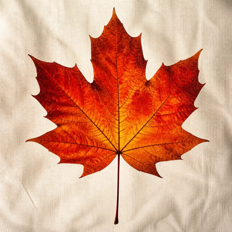 Single red and amber autumn maple leaf glowing with full backlight against softly crumpled ivory linen
